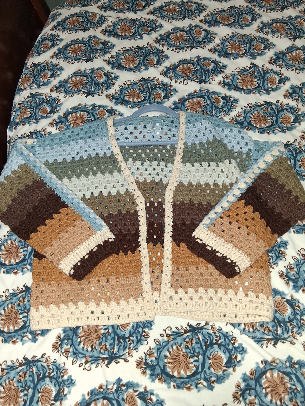Elan Multicolor Crochet Cardigan - Blue, Brown, Cream, Green